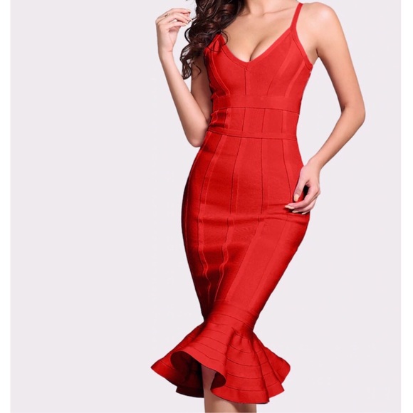 Red Mermaid Hem Bandage Midi Dress - Picture 3 of 7